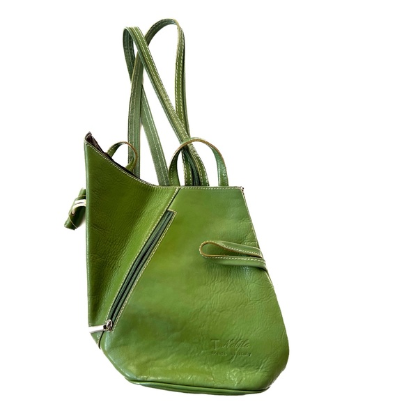 T Nobile Leather Backpack Shoulder Bag Green Split Strap Folded Front Toggle - Picture 2 of 9